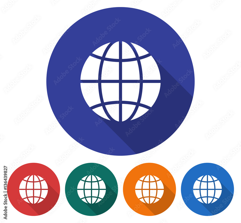 Round icon of globe. Flat style illustration with long shadow in five variants background color Round icon of globe. Flat style illustration with long shadow in five variants background color