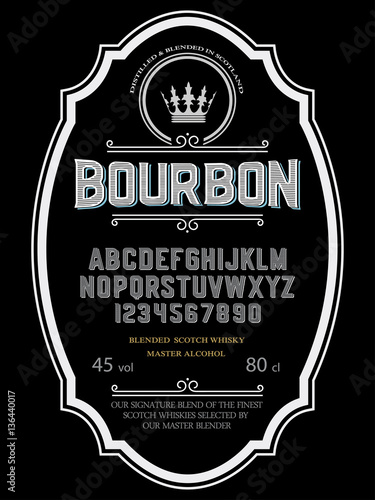 Typeface. Label. Bourbon typeface, labels and different type designs