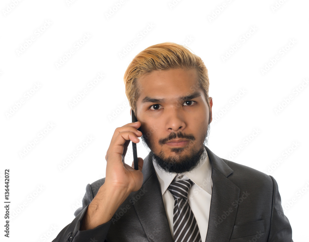 Handsome businessman use mobile phone isolated on white. Handsome businessman use mobile phone isolated on white.