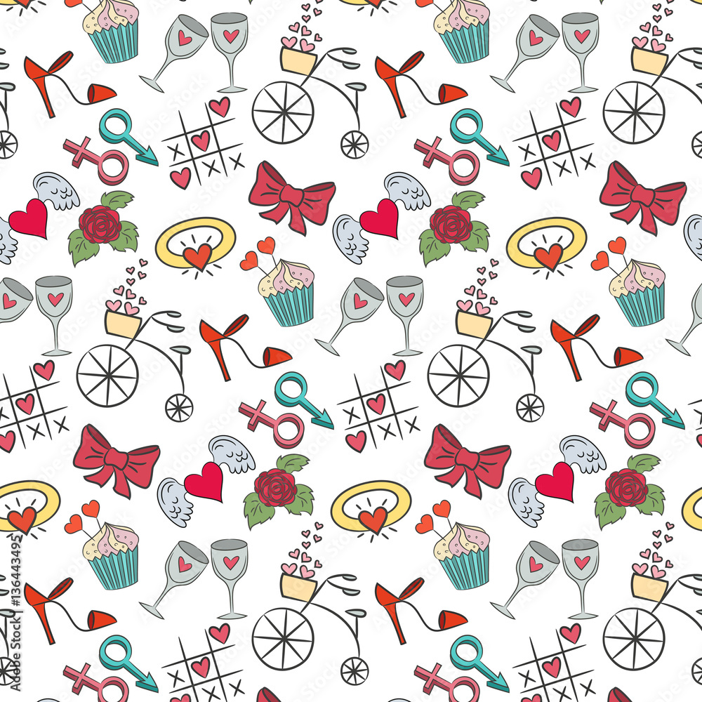 Seamless pattern with valentine's icons on the white background