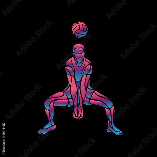 Volleyball player neon silhouette. Digger position