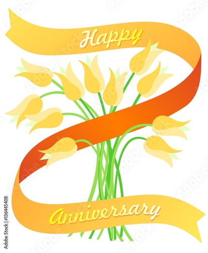 Happy anniversary banner with space for a number in the middle. Golden tulips for springtime
