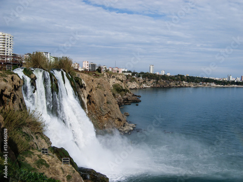 Beautiful waterfall flowing into sea view in Turkey