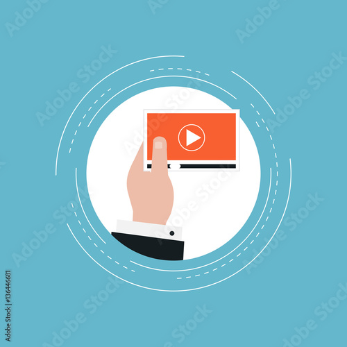 Video marketing and promotion flat vector illustration design. Online promotion, digital marketing, advertising, video tutorials, online training and courses. Design for web banners and apps