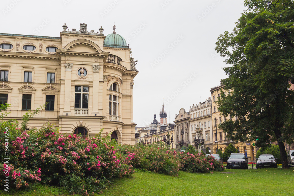 Fototapeta premium Architecture of streets of Krakow, Poland town in rainy day