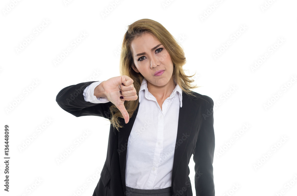 businesswoman with thumb down on white background businesswoman with thumb down on white background
