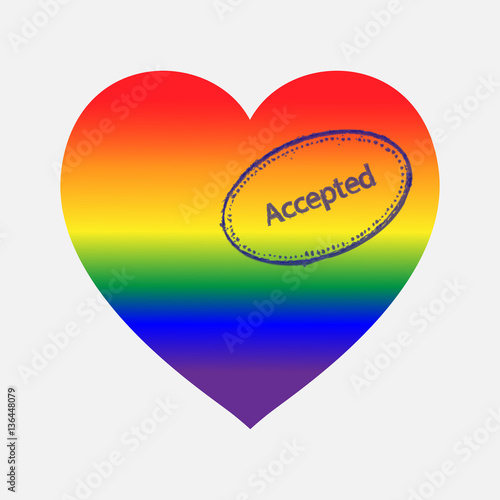 Rainbow coloured heart with an accepted stamp on it.