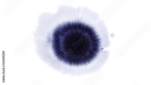 Beautiful watercolor ink drops on white paper, paint bleed Bloom, with black circle organic flow expanding, splatter spreading on clear background. Perfect for motion graphics, digital composition photo
