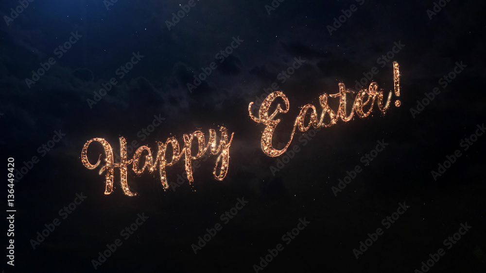 Happy Easter celebration greeting text with particles and sparks on black night sky with colored fireworks on background, beautiful typography magic design.