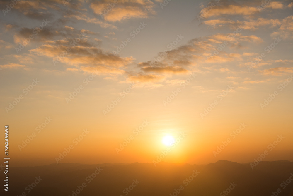 Sunset at the Mountain Hill,Beautiful sunlight, Golden lights background