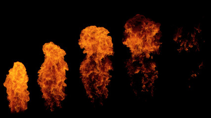 Fire ball explosion from bottom to top, fire flamethrower isolated on black background with alpha channel, perfect for cinema, digital composition, video mapping.
