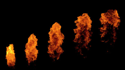 Fire ball explosion from bottom to top, fire flamethrower isolated on black background with alpha channel, perfect for cinema, digital composition, video mapping.