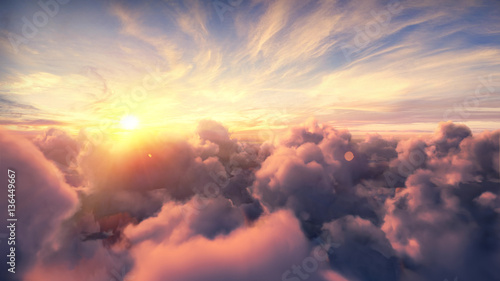 Obraz Latające nad wieczorem timelapse chmury z późnym słońcem. Lot przez poruszający się krajobraz z pięknymi promieniami słońca. Podróż samolotem. Idealny do kina, tła