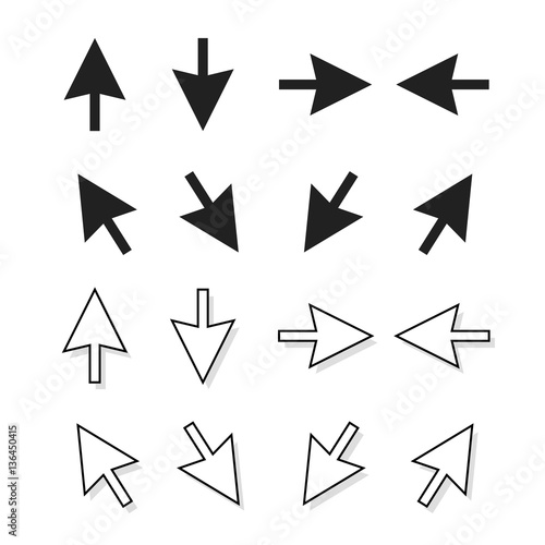 Arrows vector set isolated on white background, black and white direction pointer arrows, up down left right mouse arrow icon