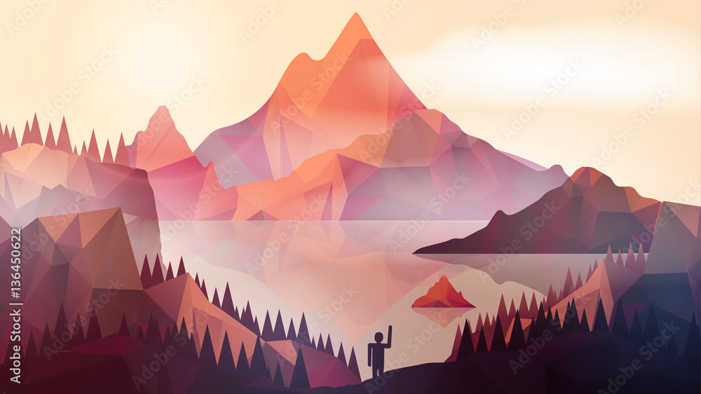 Abstract  Mountains with Lake and Pine Forest , Person in Foregr
