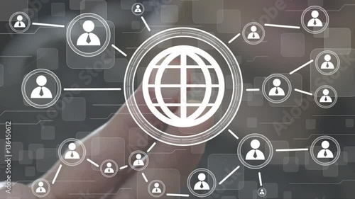 Businessman touch button interface map web icon network.