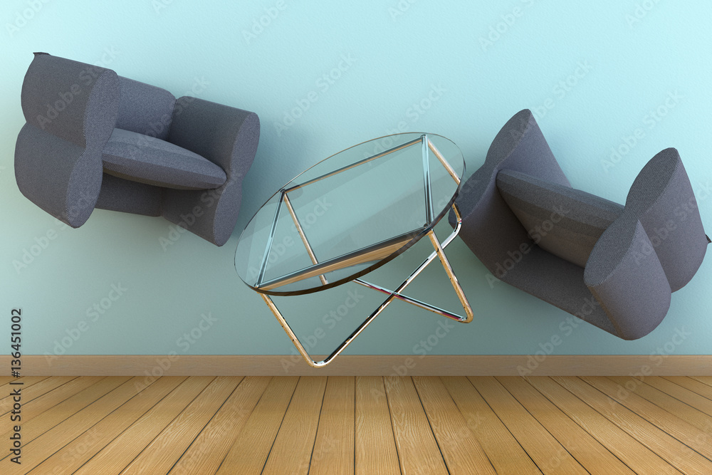 Zero gravity room with Modern round glass table and two chairs floating