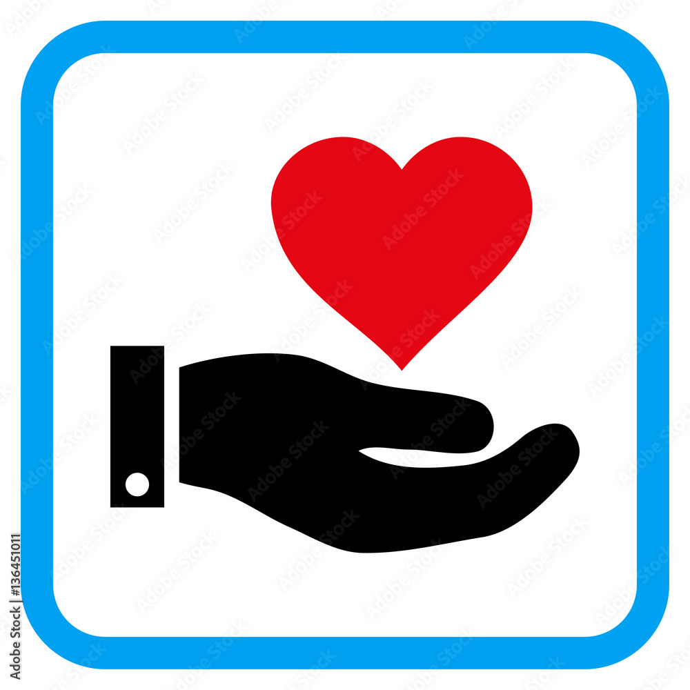 Love Heart Offer Hand vector icon. Image style is a flat pictogram symbol inside a rounded square blue frame. Love Heart Offer Hand vector icon. Image style is a flat pictogram symbol inside a rounded square blue frame.