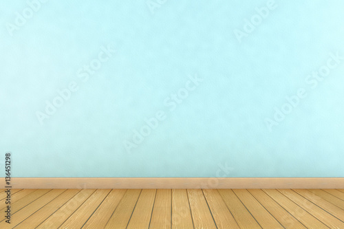 Light blue wall and wooden floor empty 3D interior.