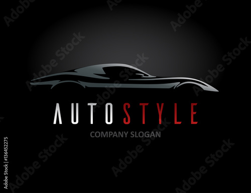 Auto style car logo design with concept retro sports vehicle icon silhouette on black background. Vector illustration.