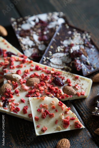 White and dark chocolate with fruits and nuts