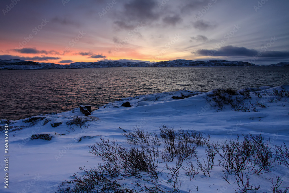Sunrise on the Barents Sea. Teriberka, Murmansk region, Russia