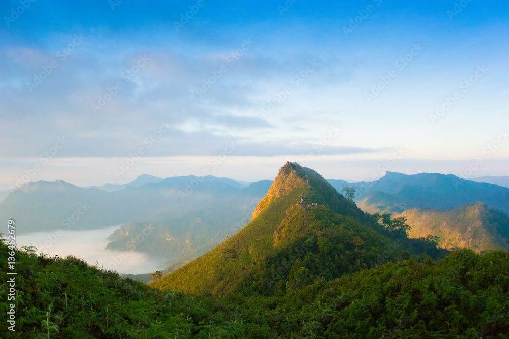 Mountain valley during sunrise. Natural landscape