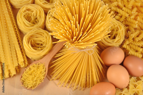 Uncooked Italian pasta and eggs