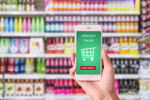 woman hand holding mobile with grocery online on screen with bl