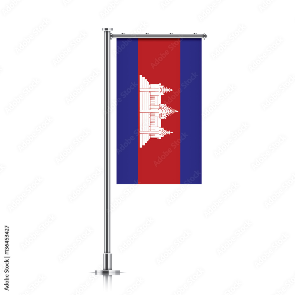 Cambodia vector banner flag hanging on a silver metallic pole. Vertical Cambodia flag template isolated on a white background.
