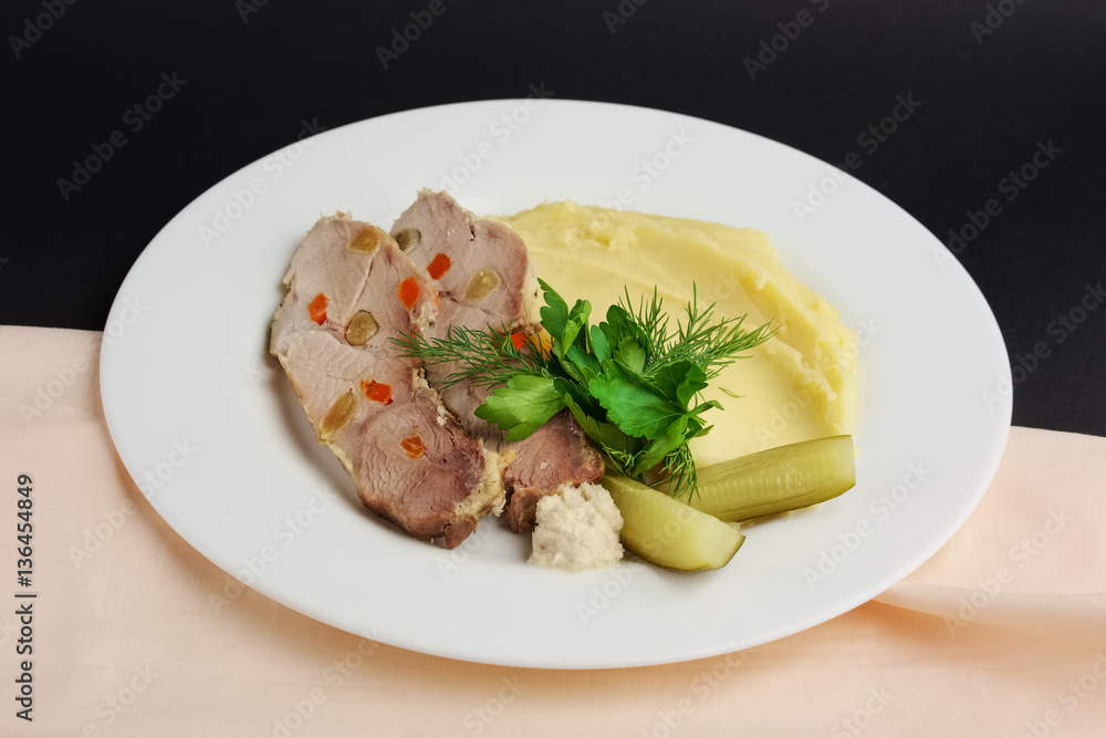 cold boiled pork with potato puree and pickled cucumber cold boiled pork with potato puree and pickled cucumber