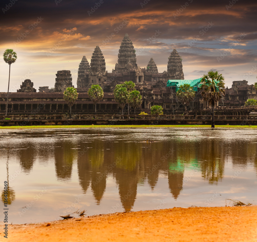 Angkor Wat temple with reflecting in water. Panoramic view