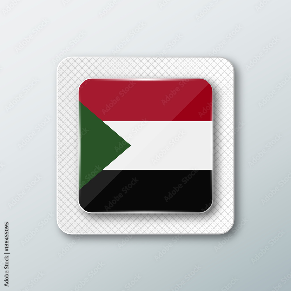 Square button with the national flag of Sudan with the reflection of light. Icon with the main symbol of the country. Square button with the national flag of Sudan with the reflection of light. Icon with the main symbol of the country.