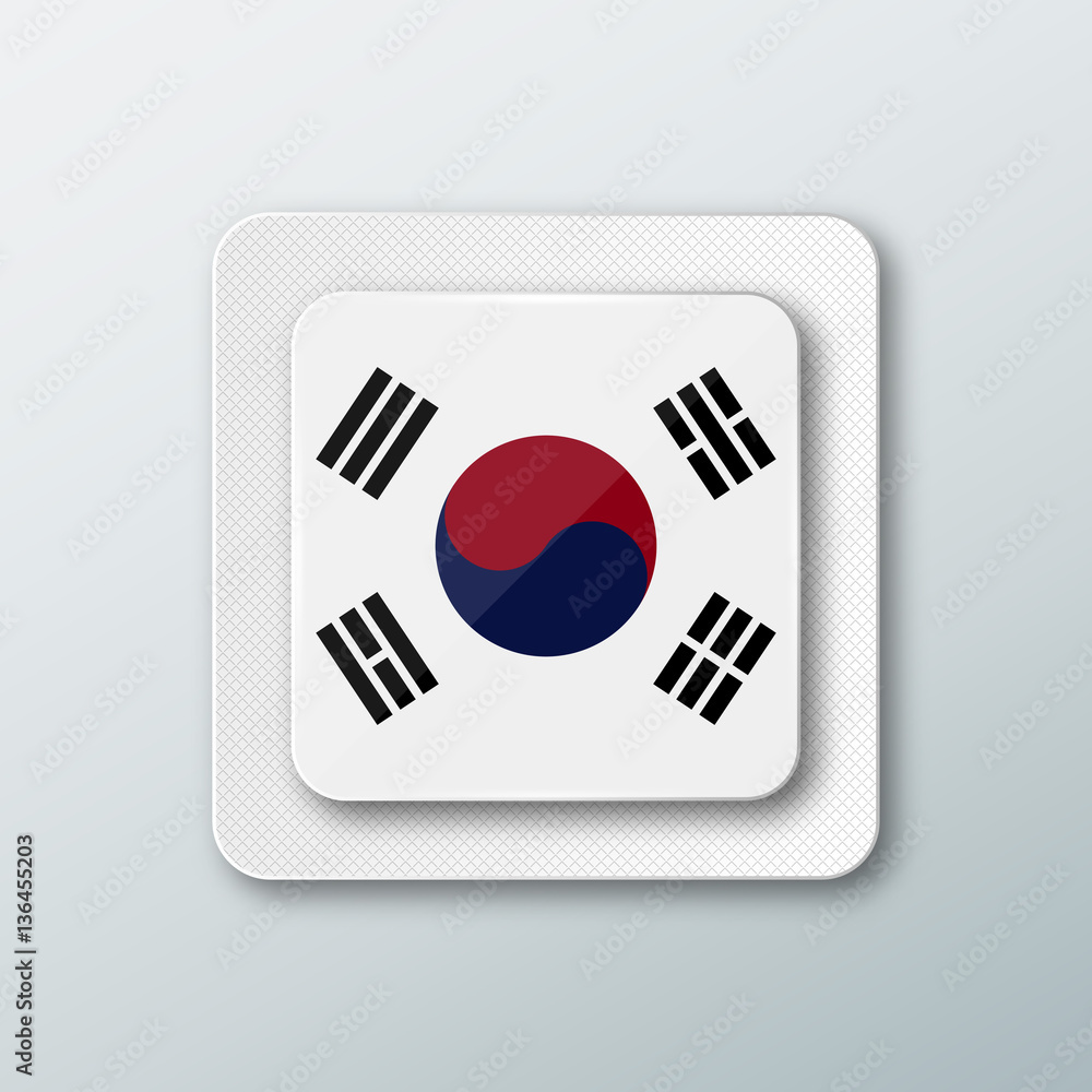 Square button with the national flag of South Korea with the reflection of light. Icon with the main symbol of the country. Square button with the national flag of South Korea with the reflection of light. Icon with the main symbol of the country.