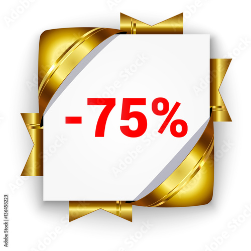 Golden 3d discount banner. White square background tied with rib