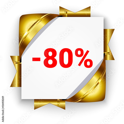 Golden 3d discount banner. White square background tied with rib