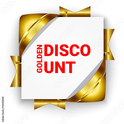 Golden 3d discount banner. White square background tied with rib