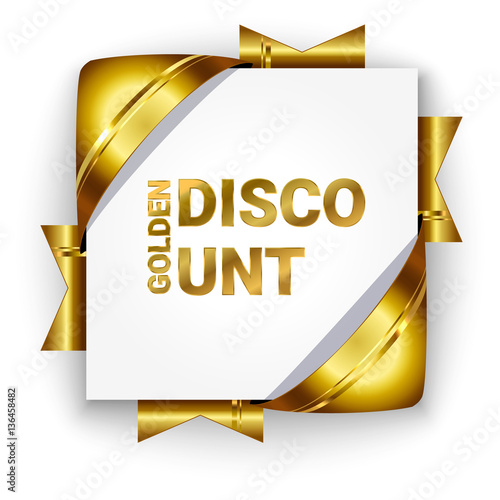 Golden 3d discount banner. White square background tied with rib