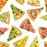Seamless background from slices of tasty pizza.