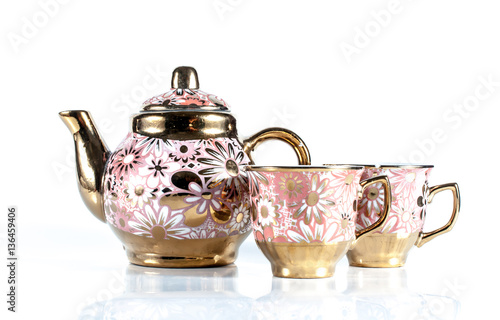 tea sets close up isolated on white background.