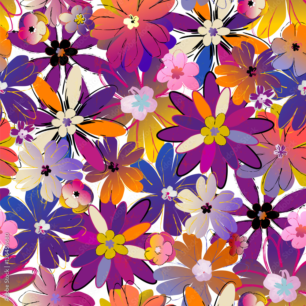 Obraz premium floral seamless pattern background, with strokes, spring flowers