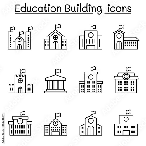 School building icon set in thin line style