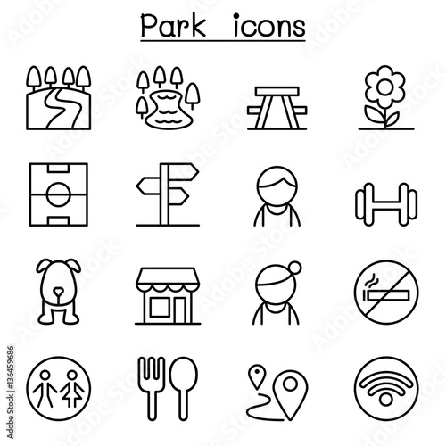 Park, public park, national park, garden icon set in thin line s