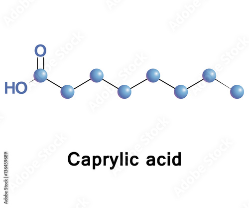 Caprylic acid is a saturated fatty acid. Its compounds are found naturally in the milk of various mammals, and as a minor constituent of coconut oil and palm kernel oil