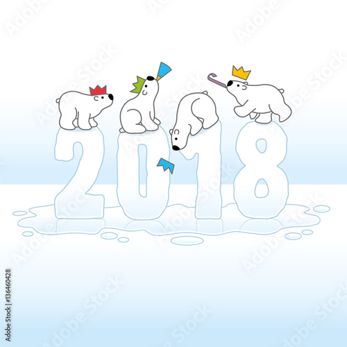 Four Partying Polar Bears Balancing on Melting Year 2018 in Ice