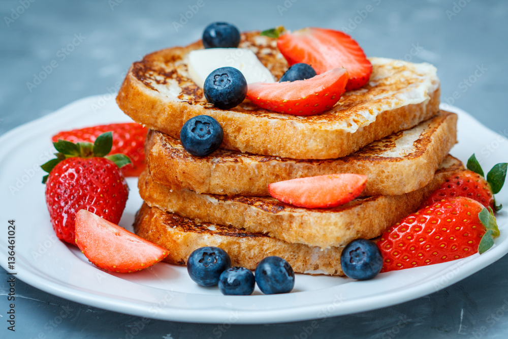 French toast with berries. Love for a healthy desserts concept. French toast with berries. Love for a healthy desserts concept.