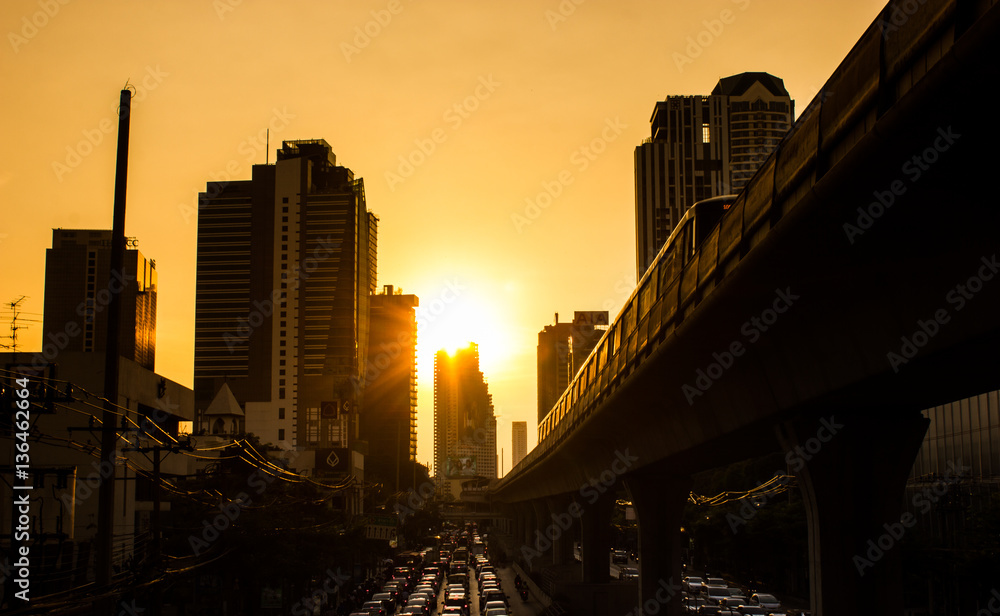 sunset in busy Bangkok, Thailand