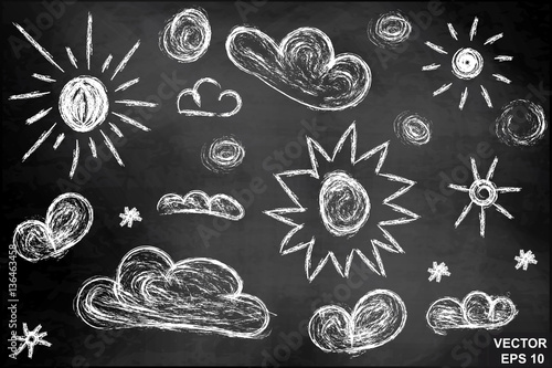 Set of sun and clouds on the chalkboard. For your design.