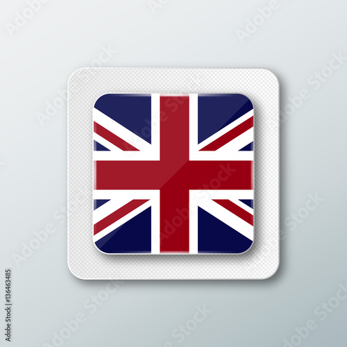 Square button with the national flag of Great Britain with the reflection of light. Icon with the main symbol of the country.