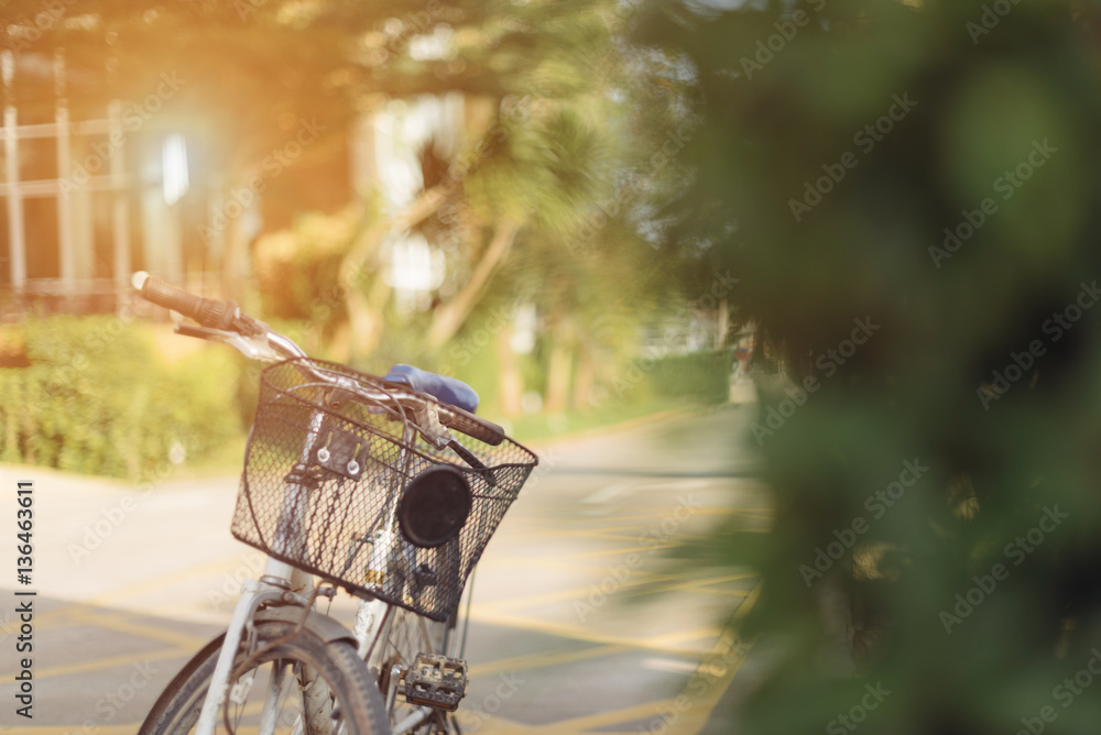 Old bicycle with warm fall color in selective focus.